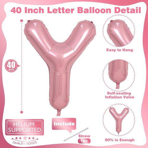 Giant Letter Y Foil Balloon - Baby Pink Pastel Inflatable Alphabet Decor | 40 Inch Custom Balloon for Parties