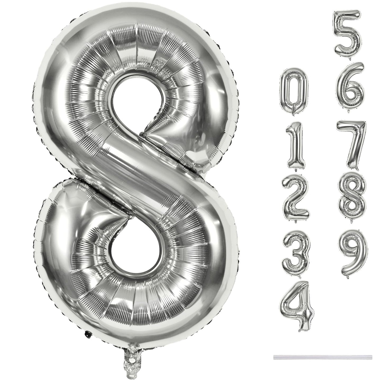 Silver Foil Balloon Number 8 for Boys, 40'' Giant Self Inflating Number Balloons Set 0-9 for Girls, Large Number 8 Helium Balloon for Women Men 8th Birthday Anniversary Party Decorations Supplies
