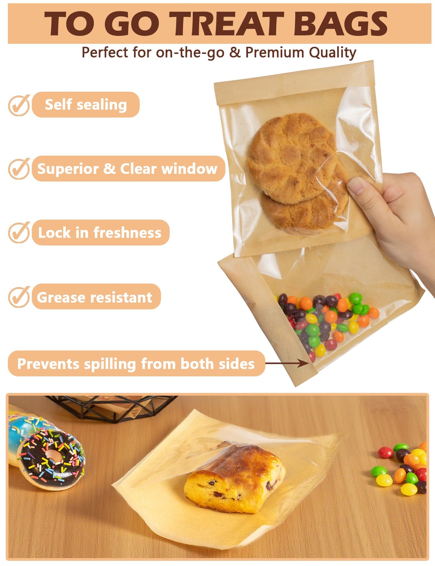200 Pack Self Sealing Cookie Bags with Seal, 5.9x6.5 Inch Paper Bakery Bags with Window, Grease Resistant To Go Sleeves for Packaging Donut, Snack, Scone, Brownie, Small Pastries and other Treats