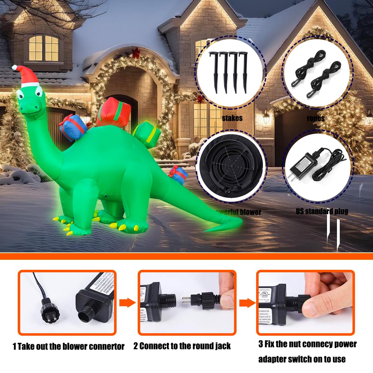 JOYEASE 10.8 FT Christmas Inflatables Dinosaur Decoration, LED Light Xmas Christmas Blow up Yard Decorations for Lawn Holiday Garden Christmas Outdoor Inflatables