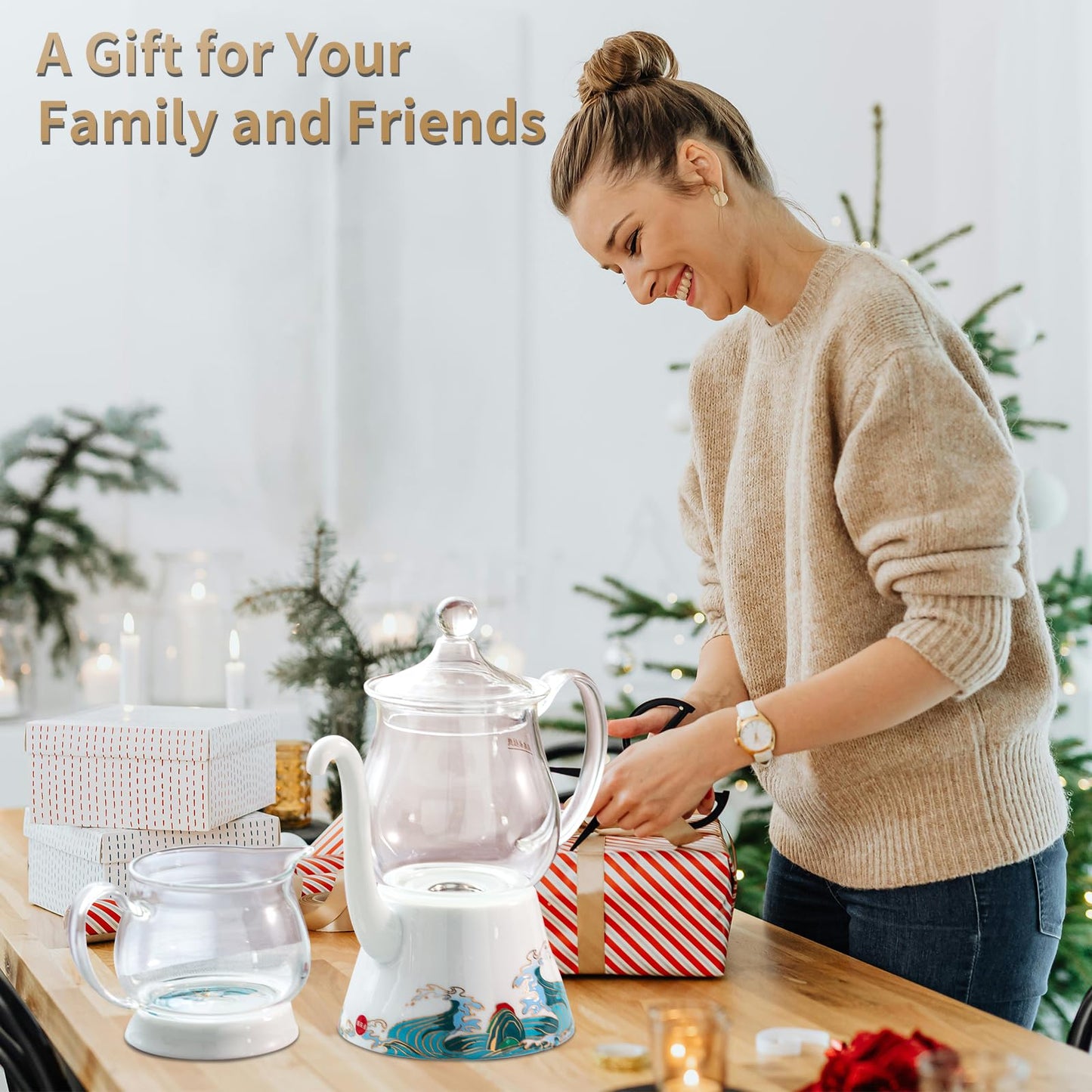 DUPODU Glass Teapot Set, Kungfu Glass Tea Pot With Infuser, For Tea Party, Semi Automatic, Teapot Set With Cups, Drip Rotating With Infuser Glass Teapot Set (2 Cups).