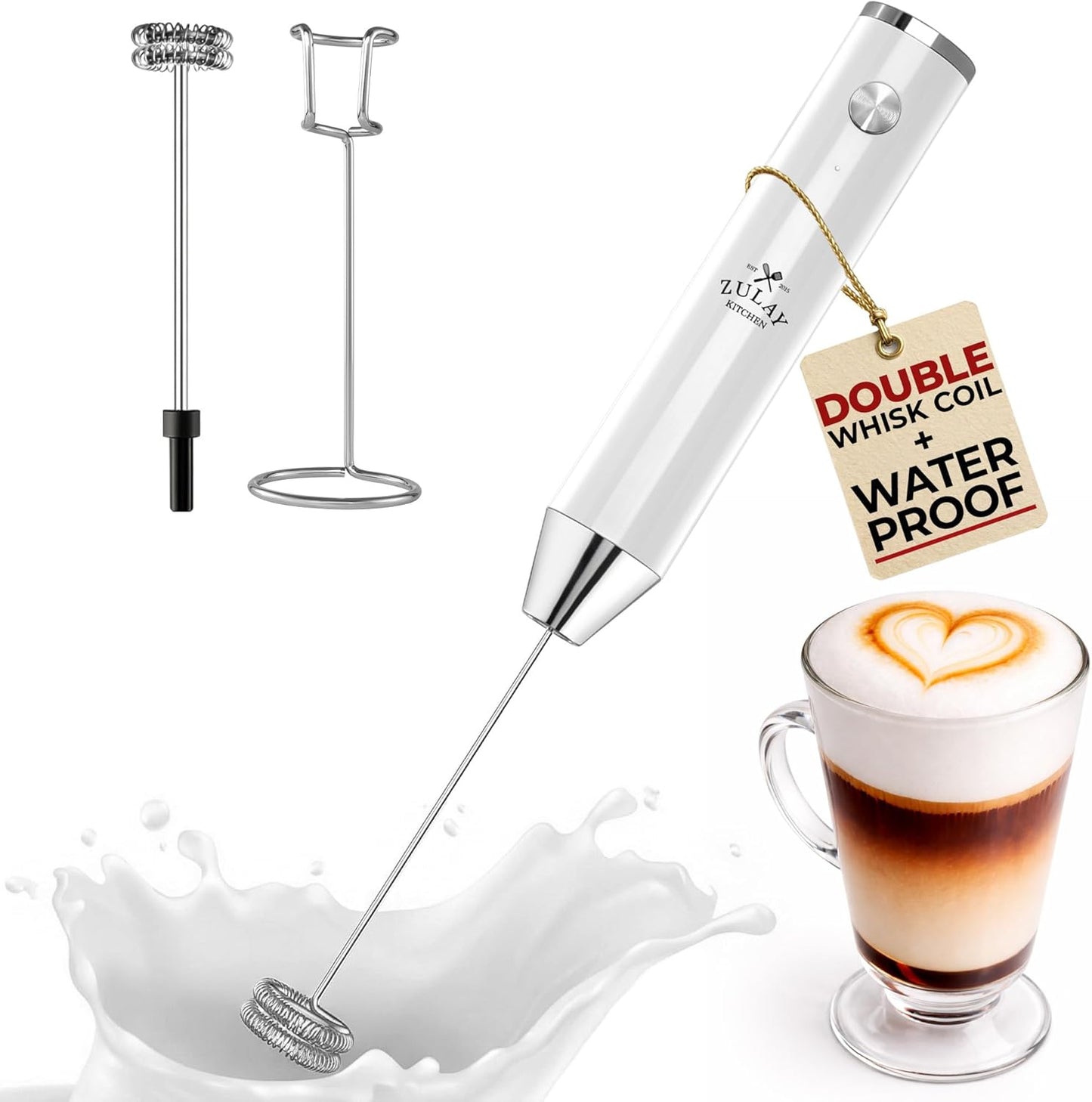 Zulay Kitchen Rechargeable Milk Frother - Powerful 2-Speed Motor & Waterproof Design - Snow White