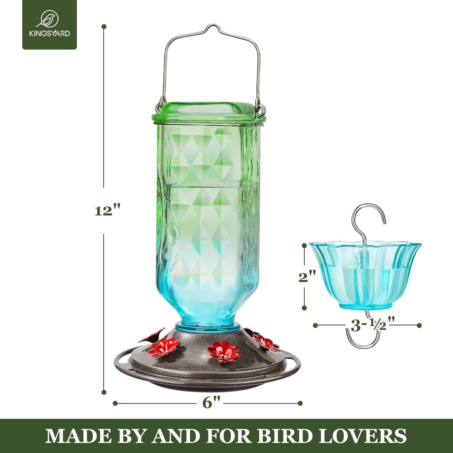 Kingsyard Hummingbird Feeder - 24 Ounce Outdoor Glass Nectar Feeder with 6 Ports & Ant Moat | Green & Blue