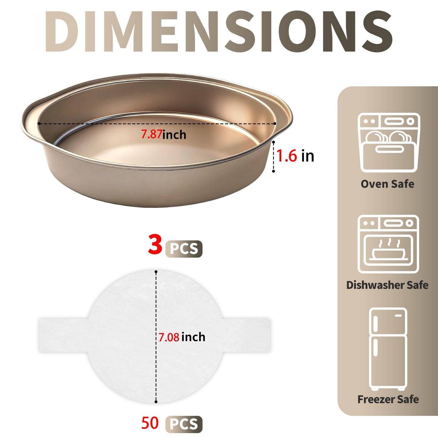 8 Inch Cake Pans, 3PCS Nonstick Round Baking Pans with 50PCS Parchment Papers, Durable Birthday Circle Cake Baking Pan with Handle for Multi-Layer Cakes, Dishwasher Safe (Gold, 8 inch)