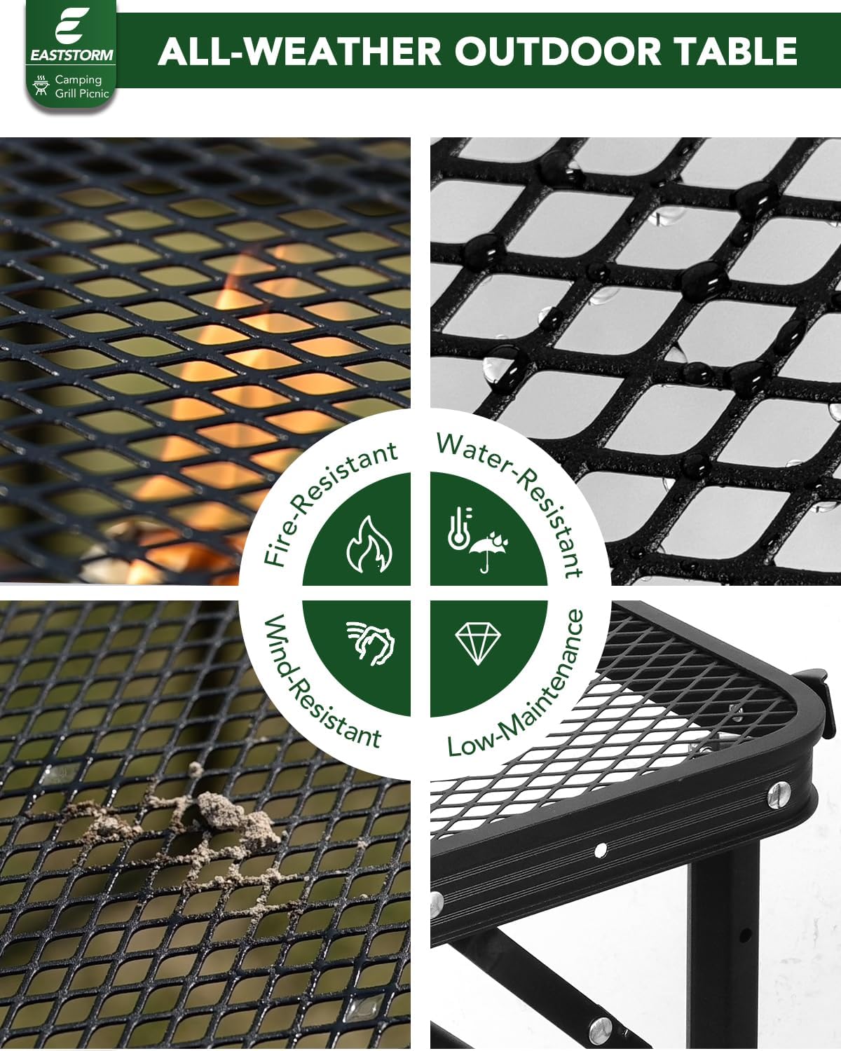 Skiennix Folding Camping Table - Adjustable Height 10.6–22 in, Portable Black Metal Mesh, 23.6×15.8 in, 66 lb Capacity