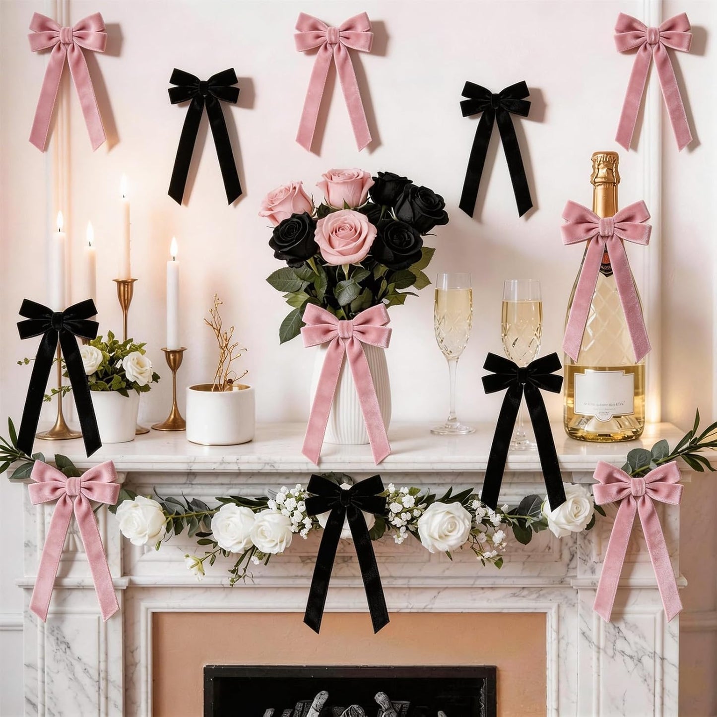 Skiennix Velvet Bows - 12 Pcs Pink & Black Pre-Tied Ribbon Bows for Y2K Coquette Decor | Ideal for Bachelorette & Sweet 16 Parties