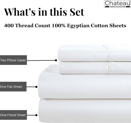 Chateau Home Collection Egyptian Cotton Sheets - Soft Cooling Sateen Weave, 400 Thread Count, Queen Size, White