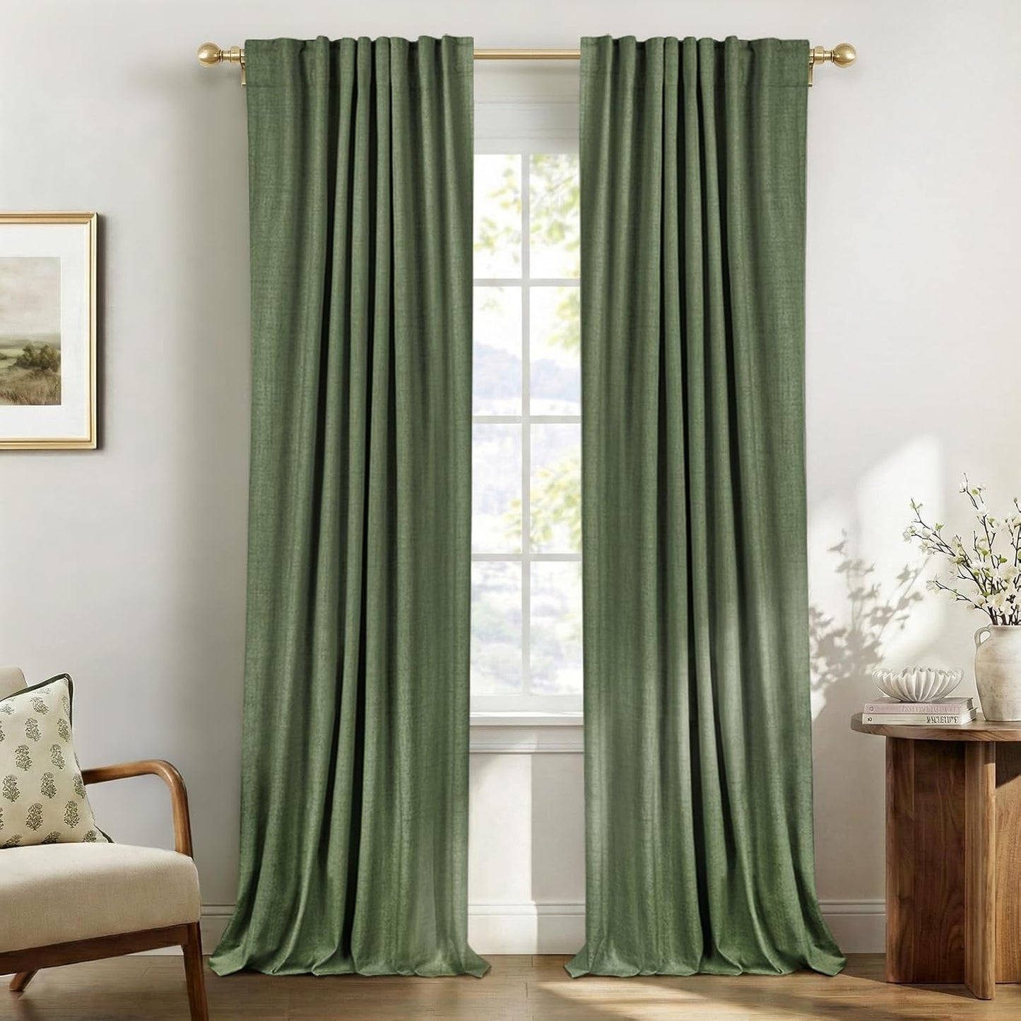 Skiennix 100% Blackout Linen Curtains - Thermal Insulated Drapes, Olive Green, 50" W x 102" L, 2 Panels Set