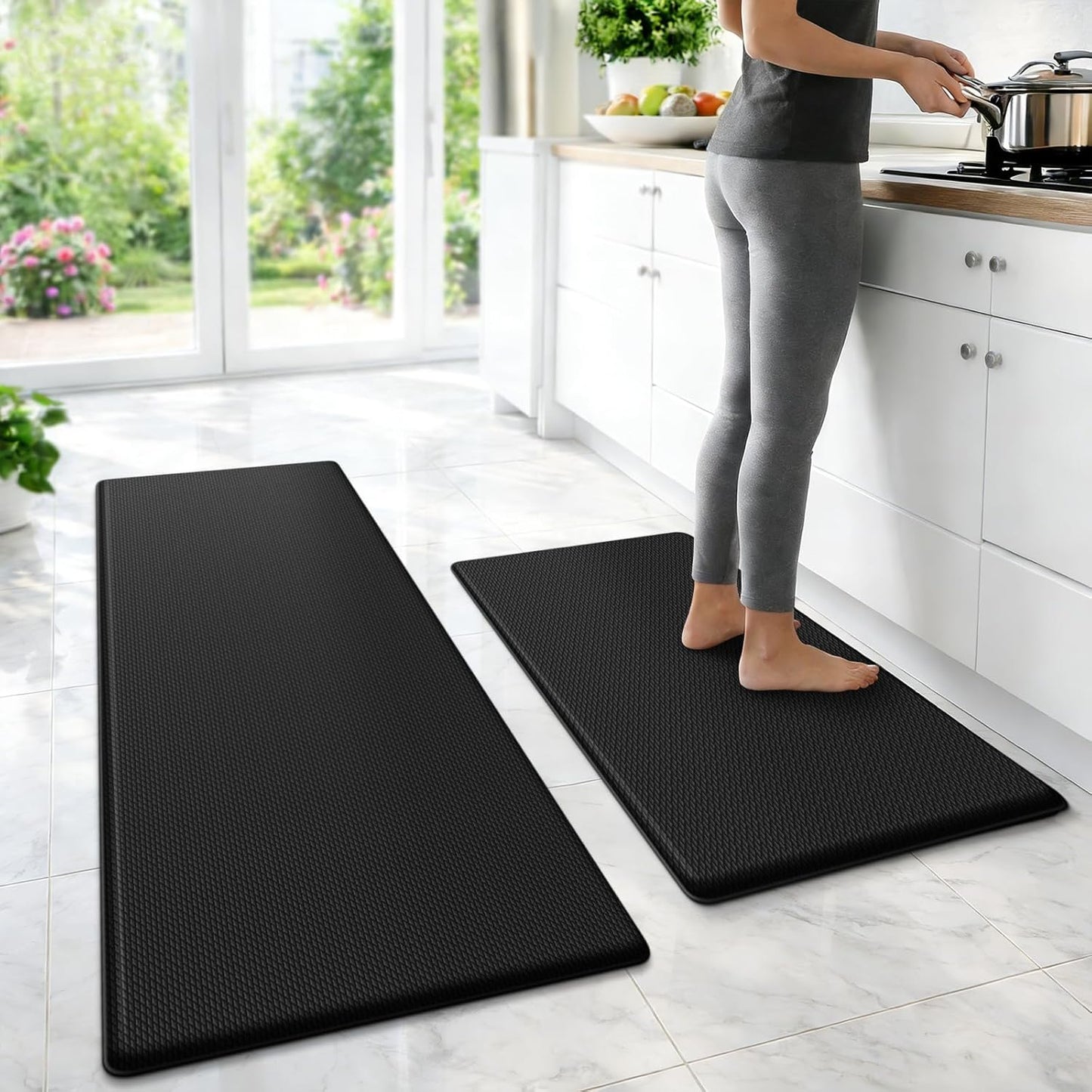 StepLively Kitchen Mat Set - Cushioned Anti-Fatigue Non-Slip Rugs for Kitchen & Office | 17.3"x30" & 17.3"x47" - Black