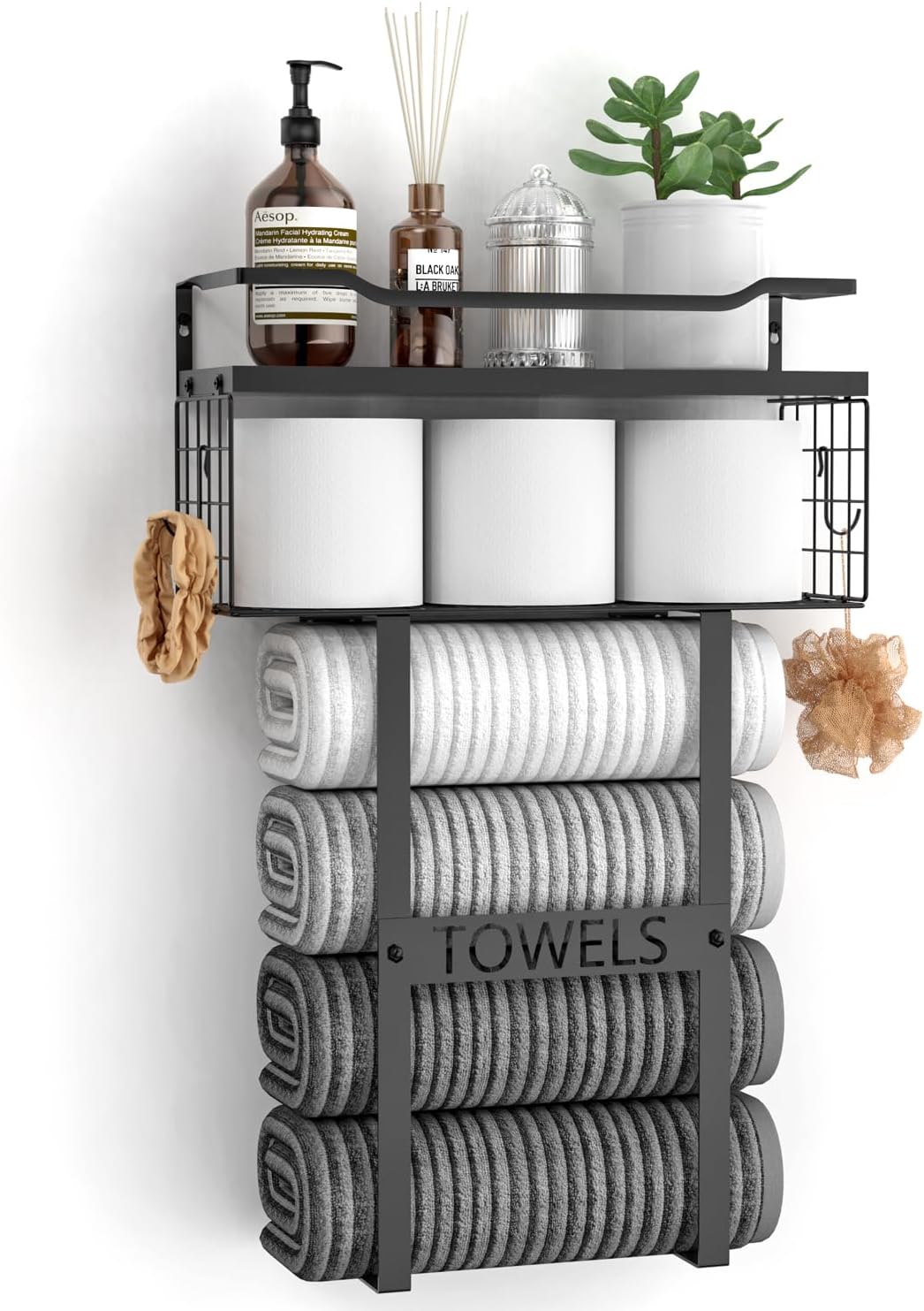 Wood Wall Mounted Towel Rack by [Brand Name] - Stylish Bathroom Storage Organizer in Black