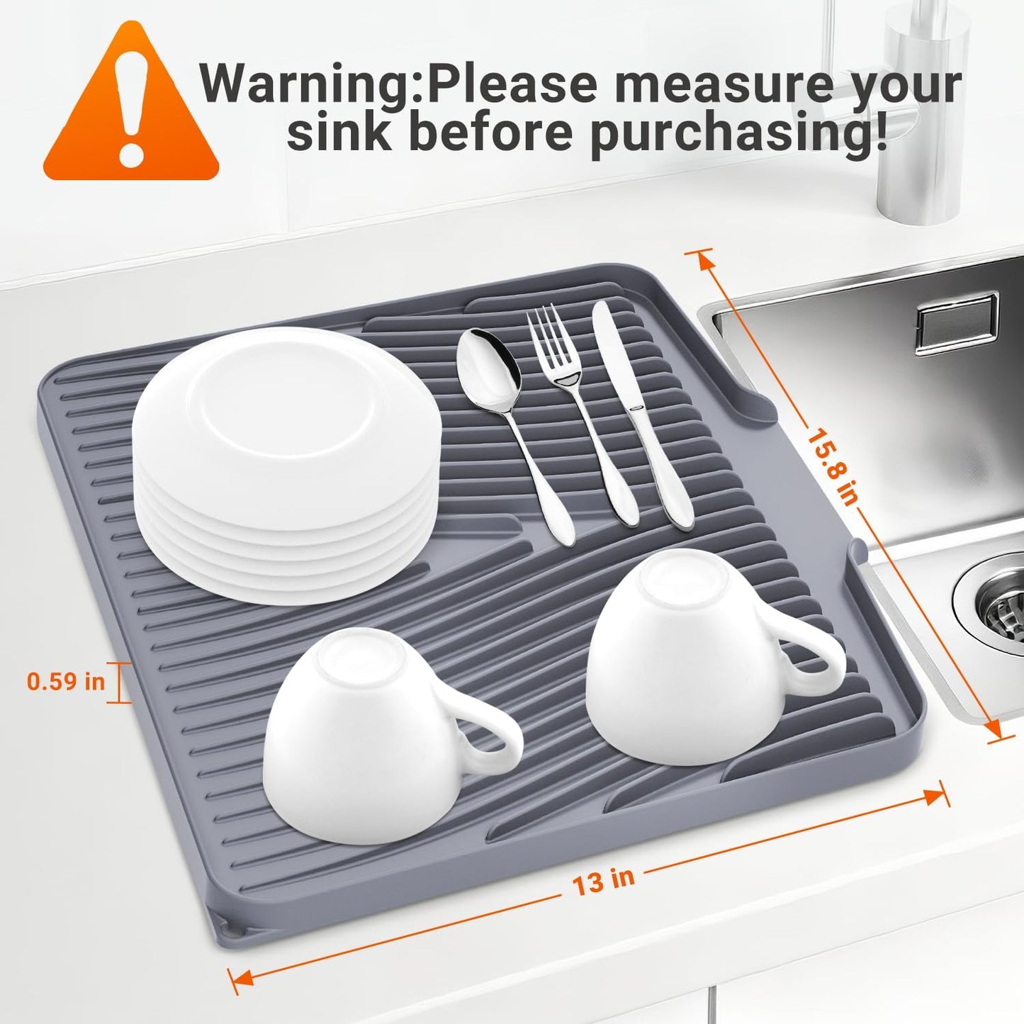 Silicone Dish Drying Mat - Non-Slip Drain Pad for Kitchen | Easy to Clean, Heat Resistant, 15.8" x 13", Grey