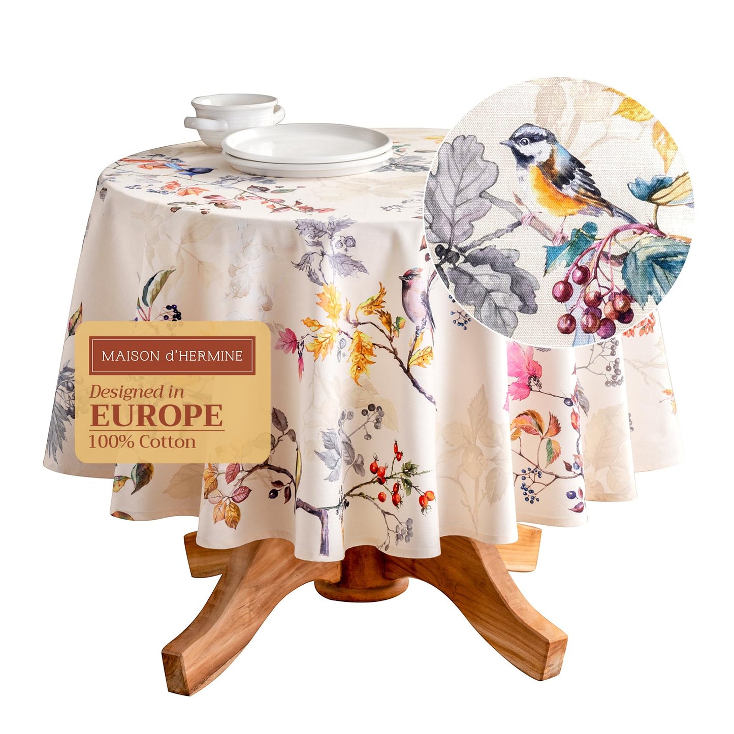 Maison d' Hermine Table Cloth Round Table 100% Cotton 63 Inches Fall Tablecloth Reusable Everyday Use for Thanksgiving Christmas Decorations Dining Farmhouse Party (Equinoxe - Beige)
