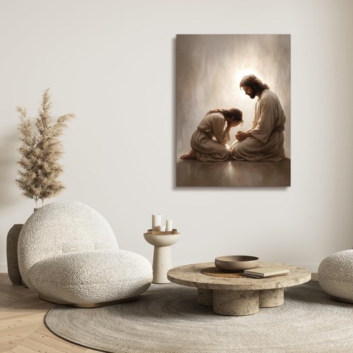 FASWQ Framed Jesus and Woman Wall Art - Christian Canvas Painting for Home Decor | 12x16 Inch