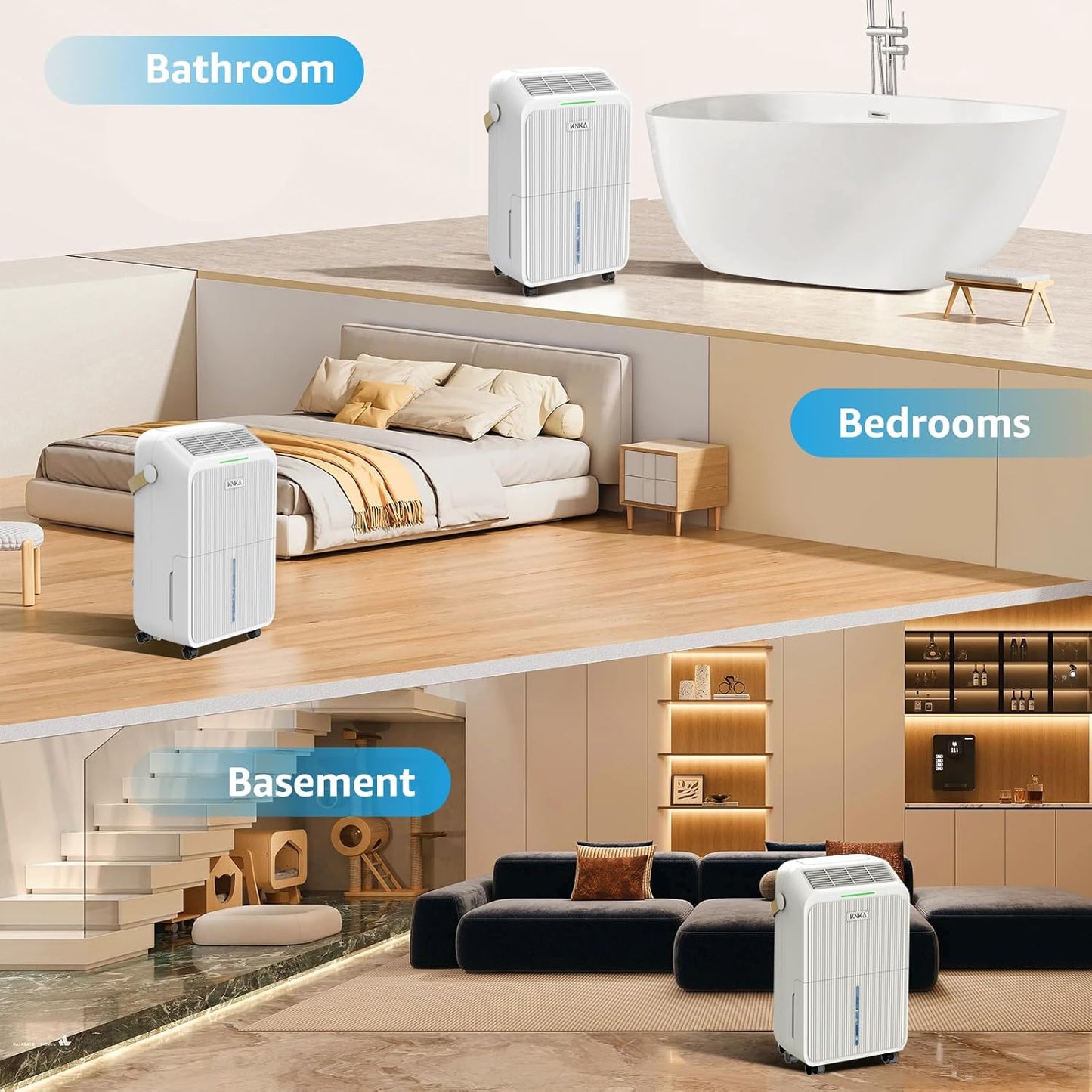KNKA Dehumidifier - 2500 Sq.Ft Capacity with Drain Hose | 34 Pints, Intelligent Humidity Control, 3 Modes
