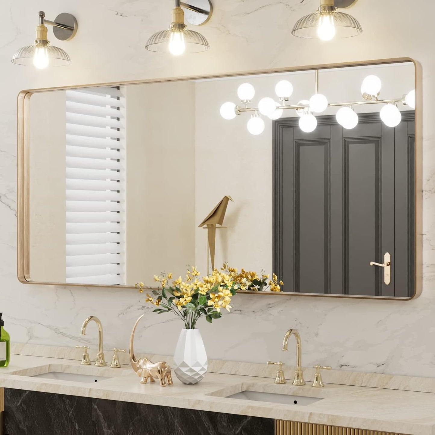 LOAAO Gold Bathroom Mirror - 60”x28” Rounded Rectangle Design | Wall-Mounted, Anti-Rust Tempered Glass