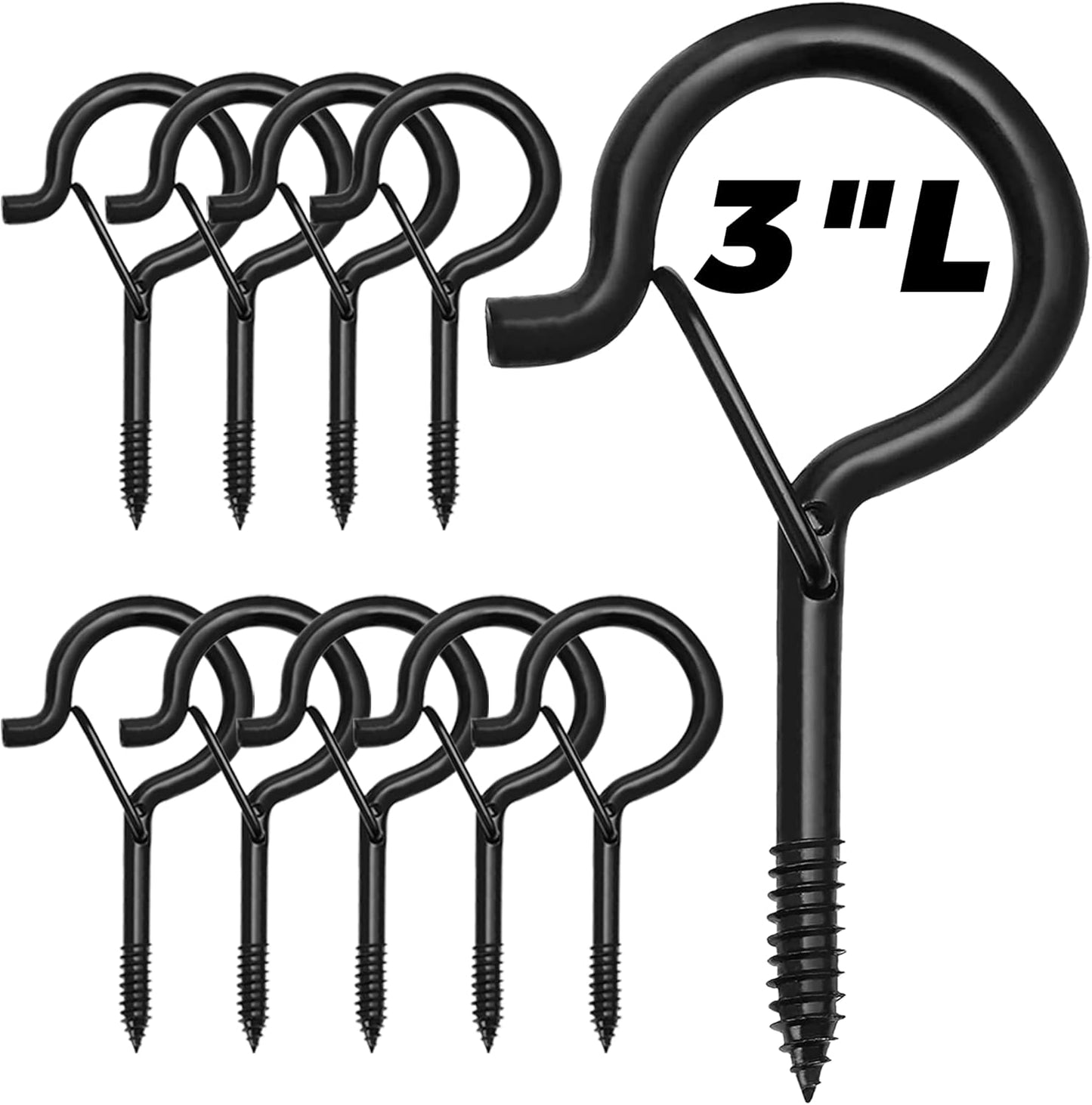 Q-Hanger 3-Inch Hooks - 10 PCS Safety Buckle Screw Hooks for Outdoor String Lights & Hanging Plants - Black
