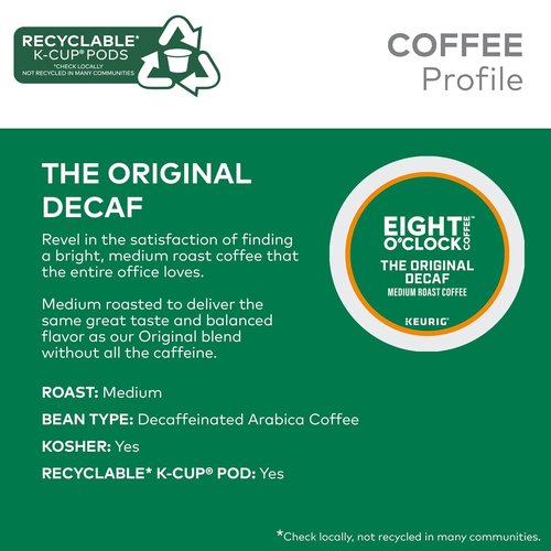 Eight O'Clock Coffee Decaf Medium Roast K-Cup Pods - Single-Serve, 32 Count Pack