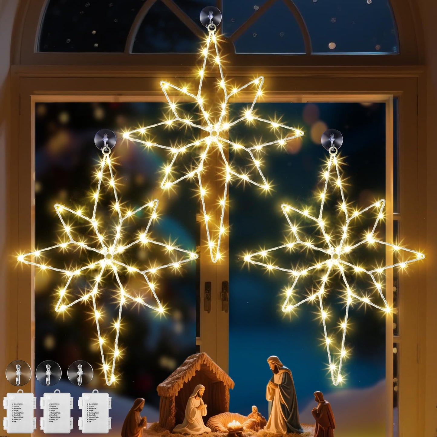 Hiboom Large 3 Pack Christmas Window Light Decorations, LED Bethlehem Christmas Star Window Silhouette Lights with Timer, 8 Models, Iron Frame, Battery Operated Lighted Xmas Star Decors(16 Inch)