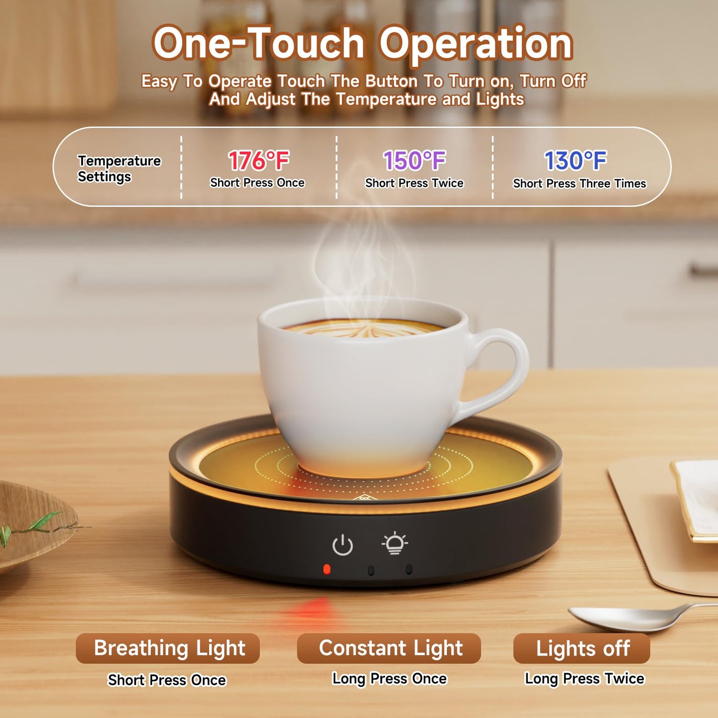 Trivoxia 36W Mug Warmer, 3 Temperature Settings, Auto Shut Off (2-12H), Max 176°F, Wood Grain Design with Ambient Light,Ideal Gift for Home & Office (Black)