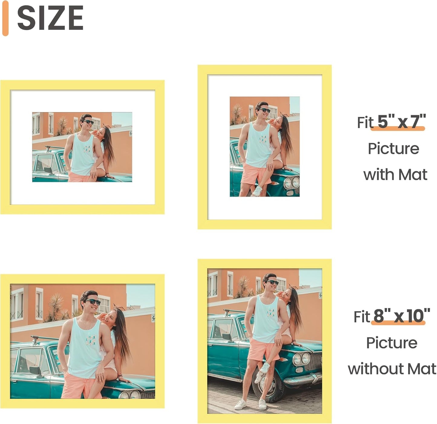 Upsimples 8x10 Picture Frame - Versatile Display for 5x7 Photos with Mat or 8x10 Without | Yellow, 1 Pack