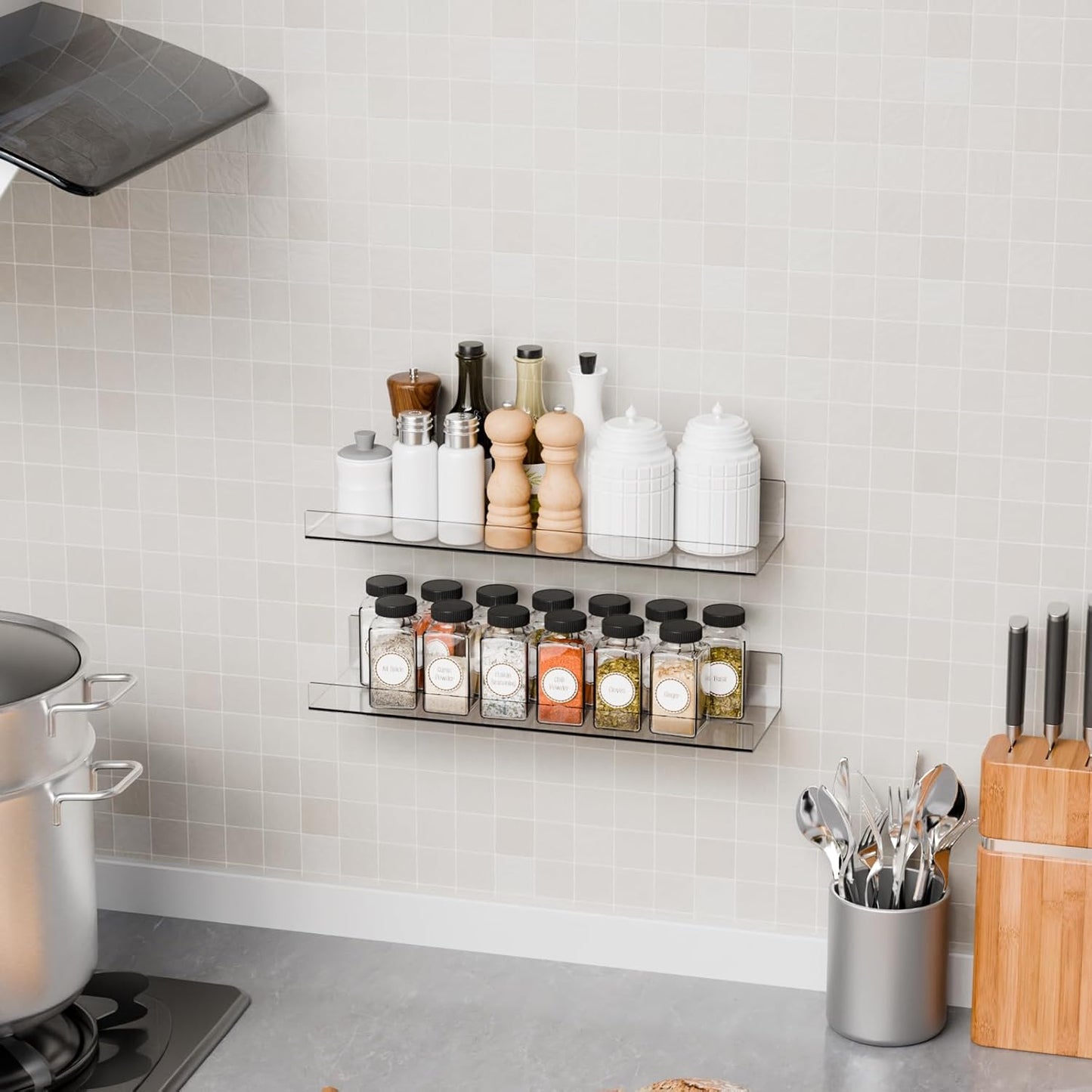 Skiennix 15-Inch Clear Acrylic Floating Shelves - No Drill, Renter-Friendly Wall Display for Bathroom & Kids Room