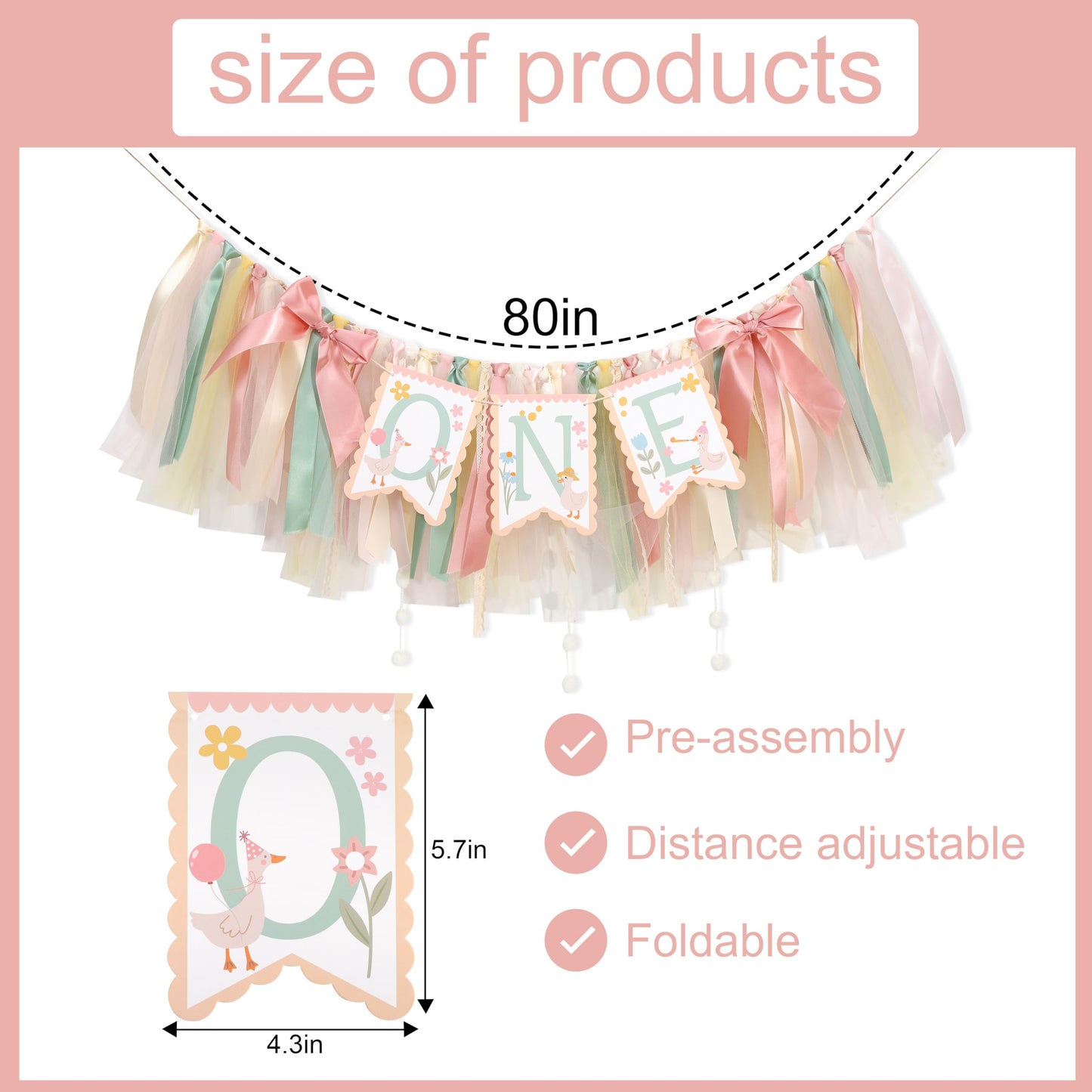 One Happy Goose High Chair Banner - Sweet 1st Birthday Party Decorations,Colorful Highchair Garland with Bow Ribbon,Little Goose First Birthday Banner Photo Props,Fun Geese Lawn Party Supplies