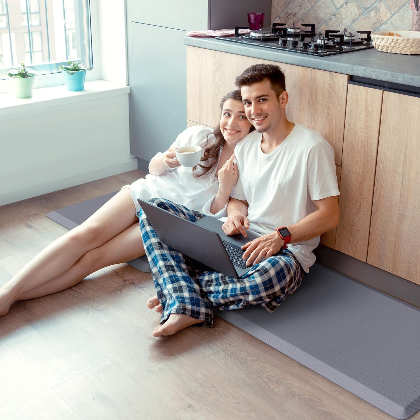 KitchenClouds 2PCS Kitchen Rugs Cushioned Anti-Fatigue Non-Slip Water Resistant Kitchen Mat Comfort Foam Standing Mat for Floor Office Sink Laundry (Grey)
