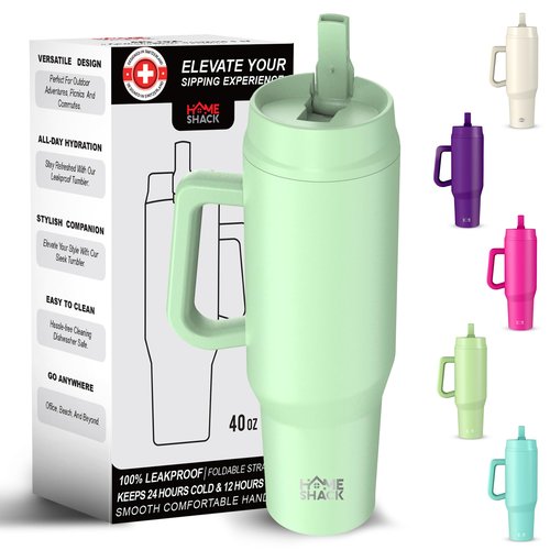 HOMESHACK 40 oz Tumbler with Handle and Foldable Straw Lid - Leakproof Insulated Stainless Steel Water Bottle - Hot & Cold Beverage Travel Mug - Reusable Iced Coffee Cup - Cupholder Friendly - Gift