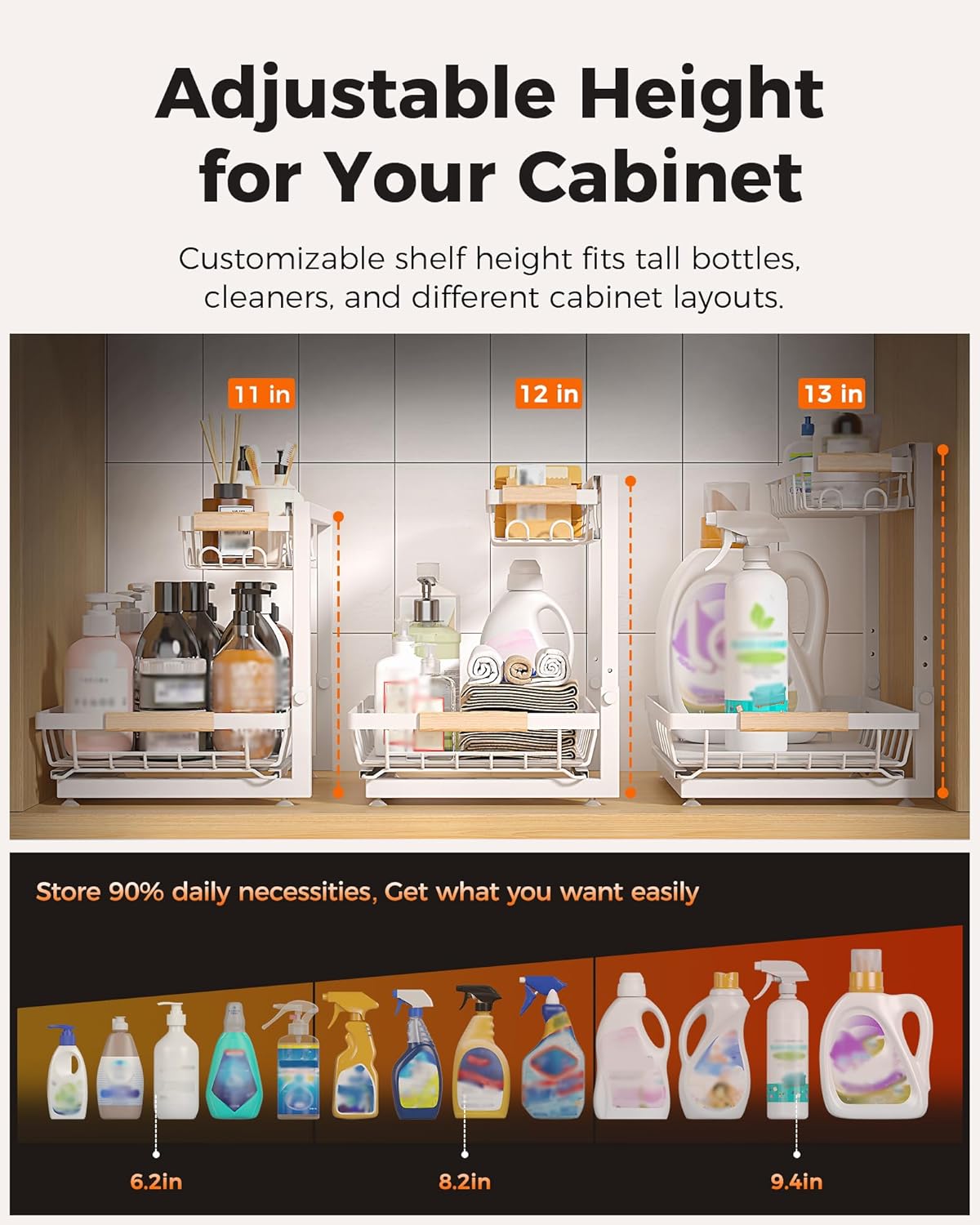 Sevenblue Under Sink Organizer - Multi-Purpose 2-Tier Pull-Out Storage Shelves | Height Adjustable (White)