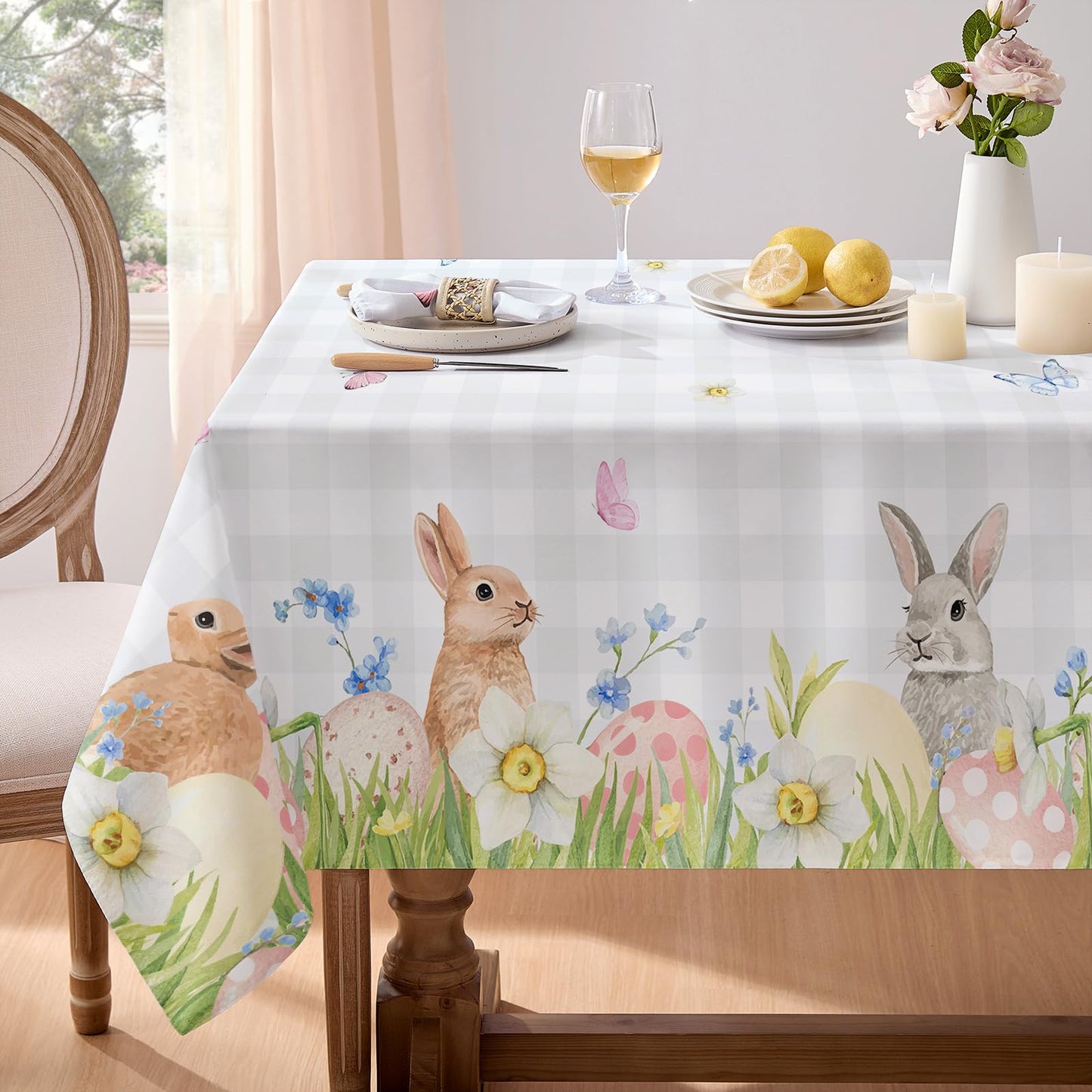 Softalker Spring Easter Tablecloth Rectangle - Bunny & Eggs Buffalo Plaid Flower Table Cloths, Stain Resistant Wrinkle Free Table Covers for Dinner/Party/Picnic/Outdoor, Grey Checkered 60 x 84 Inch