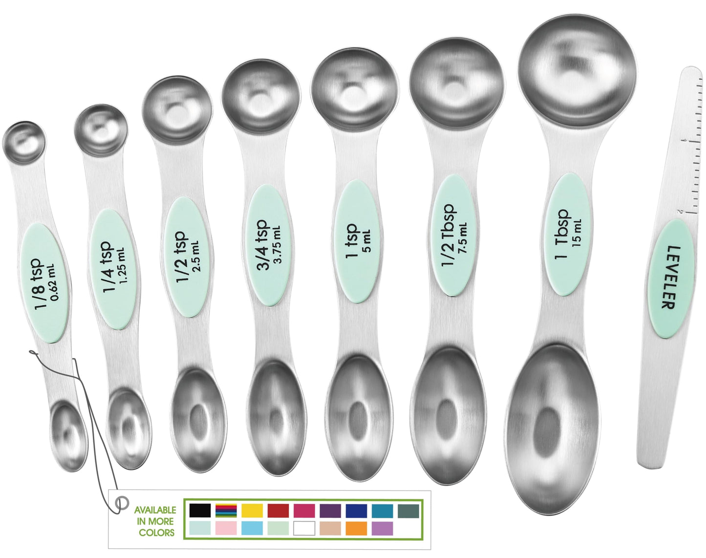 Spring Chef Stainless Steel Magnetic Measuring Spoons Set of 8 with Leveler, Nesting Metal Teaspoon & Tablespoon Measuring Spoons, Kitchen Gadgets for Baking & Cooking, Fits in Spice Jars - Mint