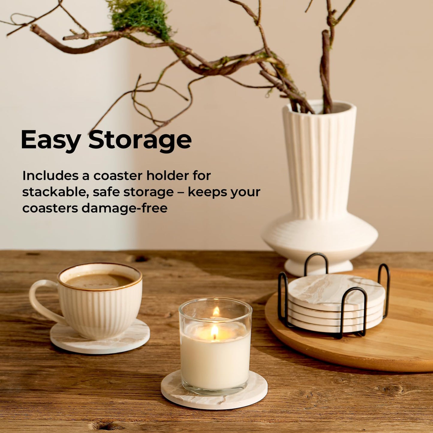 LIFVER Absorbent Coaster Sets of 4, Drink Coasters with Holder, Marble Style Ceramic Drink Coaster for Tabletop Protection, Suitable for Kinds of Cups, Wooden Table, Cool Home Decor, 4 Inches