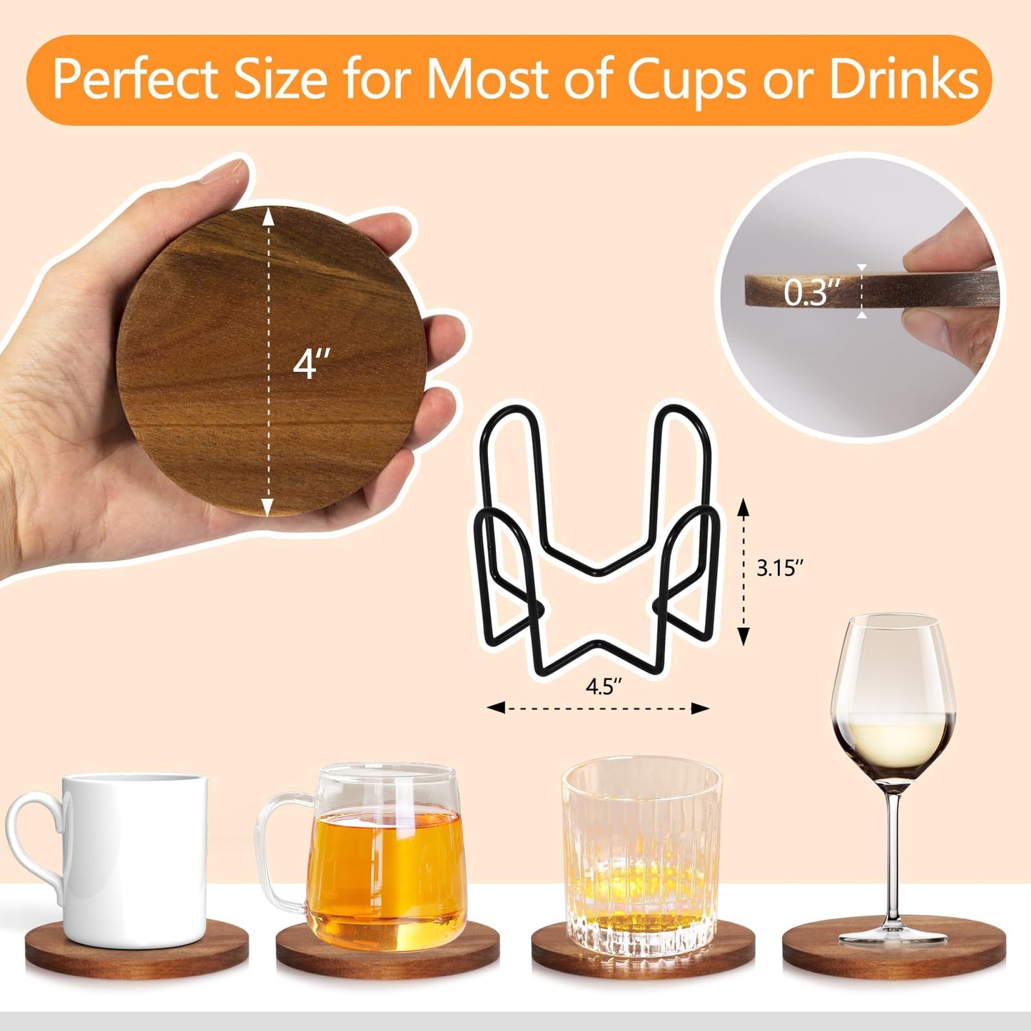10 Pcs Wood Coasters with Holder, Wooden Coasters for Drinks Absorbent, Drink Coasters for Coffee Table, Modern Home Decor, Coaster Set for Table Protection, Office, Bar