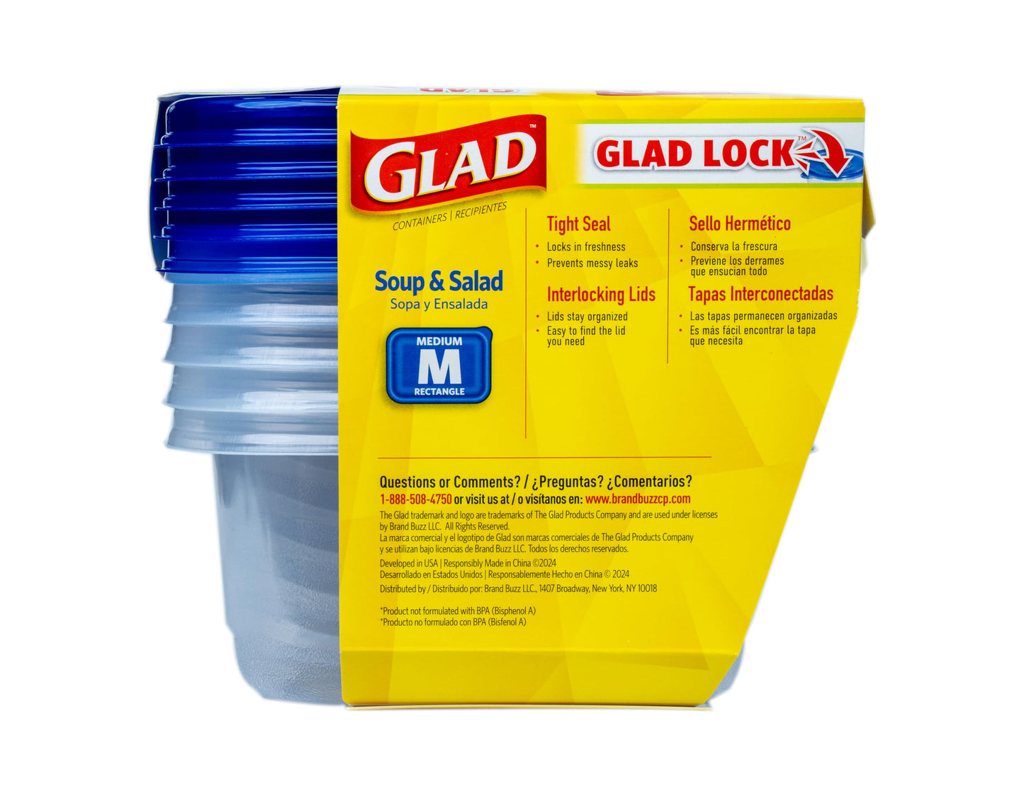 Glad GladWare Medium Rectangle Food Storage Containers with Lids, BPA Free Plastic for Soups Salads and Meal Prep, Airtight Leak Resistant, Microwave Dishwasher Freezer Safe, 24 Oz, 5 Count