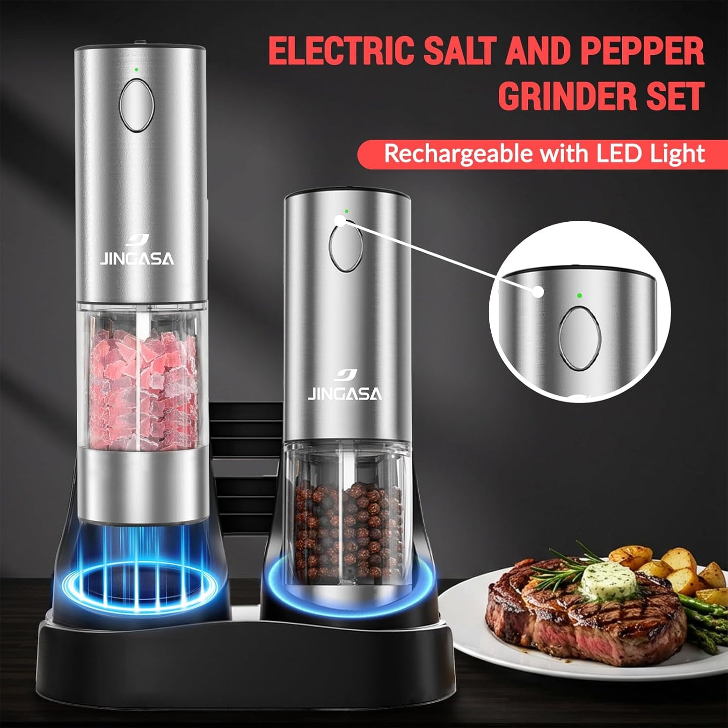 Skiennix Electric Salt and Pepper Grinder Set - USB Rechargeable, 95ml Capacity, Adjustable Coarseness