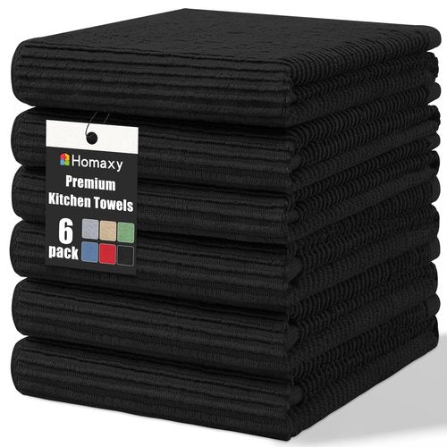 Homaxy Premium Kitchen Towels (18"x 28", 6 Pack), Large 100% Cotton Kitchen Hand Towels, Ultra Absorbent Ribbed Terry Tea Towels Set with Hanging Loop, Black