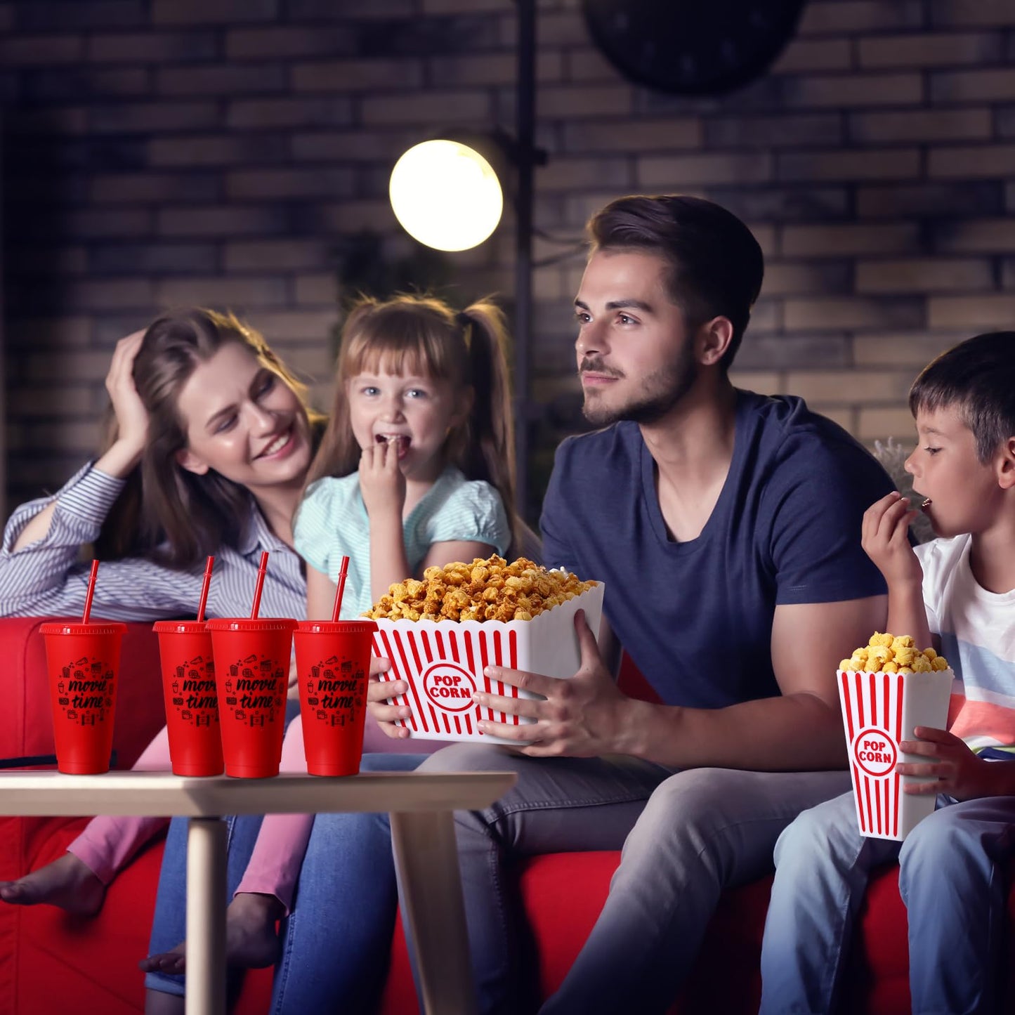 Reallnaive 15 Pcs Movie Night Popcorn Organizer Set Family Red & White Striped Plastic Popcorn Container Reusable Drinking Cup for Holiday Parties, Family Gatherings & Home Theater