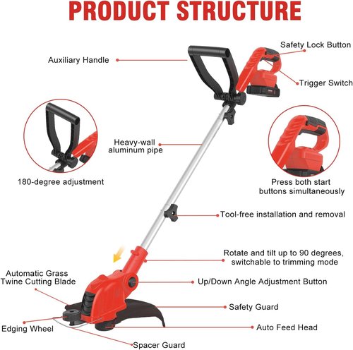 21V Cordless String Trimmer by [Brand Name] - 12" Auto-Feed Grass Cutter with 2.0Ah Battery & Fast Charger | 2-in-1 Electric Lawn Tool for Yard Maintenance - Red