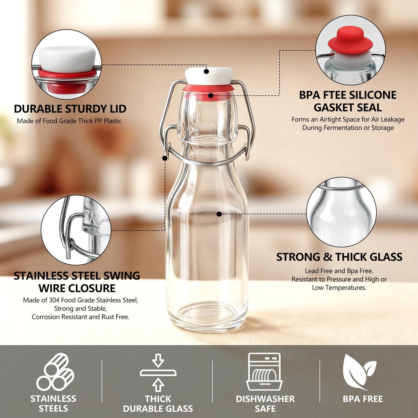 Ruckae 24 Pack 4oz Swing Top Glass Bottles with Lids Kombucha Coquito Flip Top Glass Bottle for Syrup Vanilla Extract Brew Beer Kefir Air Tight Bottles for Gift (4 oz 24 pack)