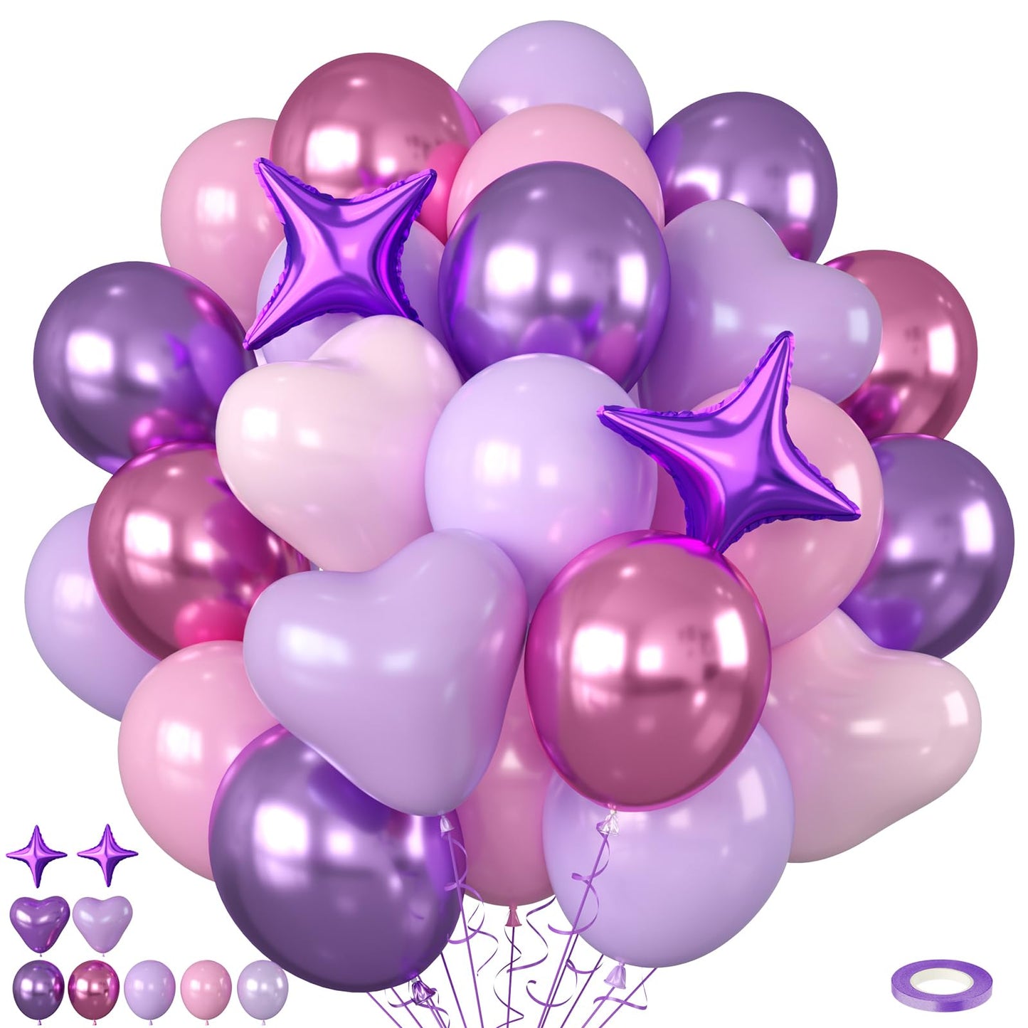 Pink and Purple Balloons, 50pcs Pink Purple Balloons With Macaron Heart Latex Balloon, Four Star Heart foil Balloon For Birthday Baby Shower Girls Women Party Wedding Bridal Shower Anniversary Decor