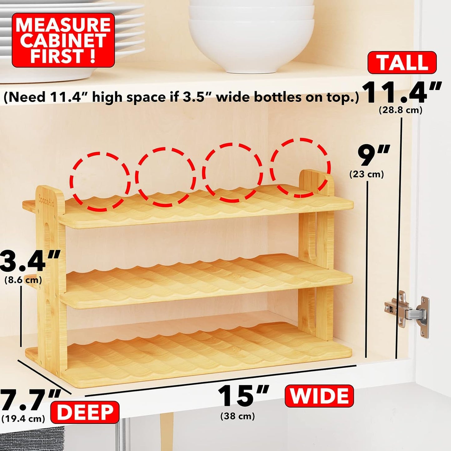 SpaceAid Bamboo Water Bottle Organizer - 3-Tier Kitchen Storage Rack for 12 Bottles | Stylish Labels Included