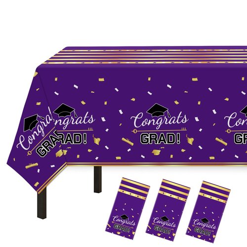 Childom 3 Pack Graduation Tablecloth,Graduation Decorations Class of 2026 Graduation Party Decorations,54"x108" Purple and Gold Plastic Table Cloth Disposable Rectangle for Home,School,Party Supplies