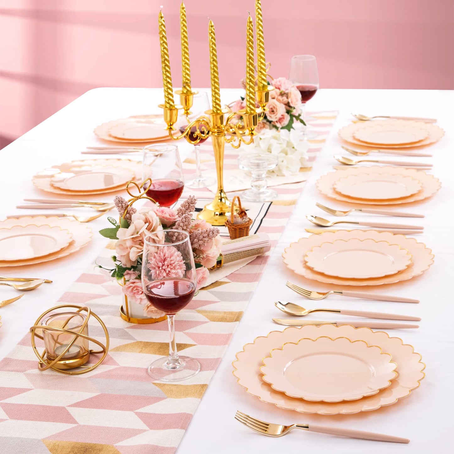 LIYH 60 Pcs Pink Plastic Plates with Gold Pink Plates Disposable Plate Includes 30 Dinner 10.25" and 30 Dessert Plate 7.5" for Baby Shower,Weddings,Parties,Birthday,Mothers Day