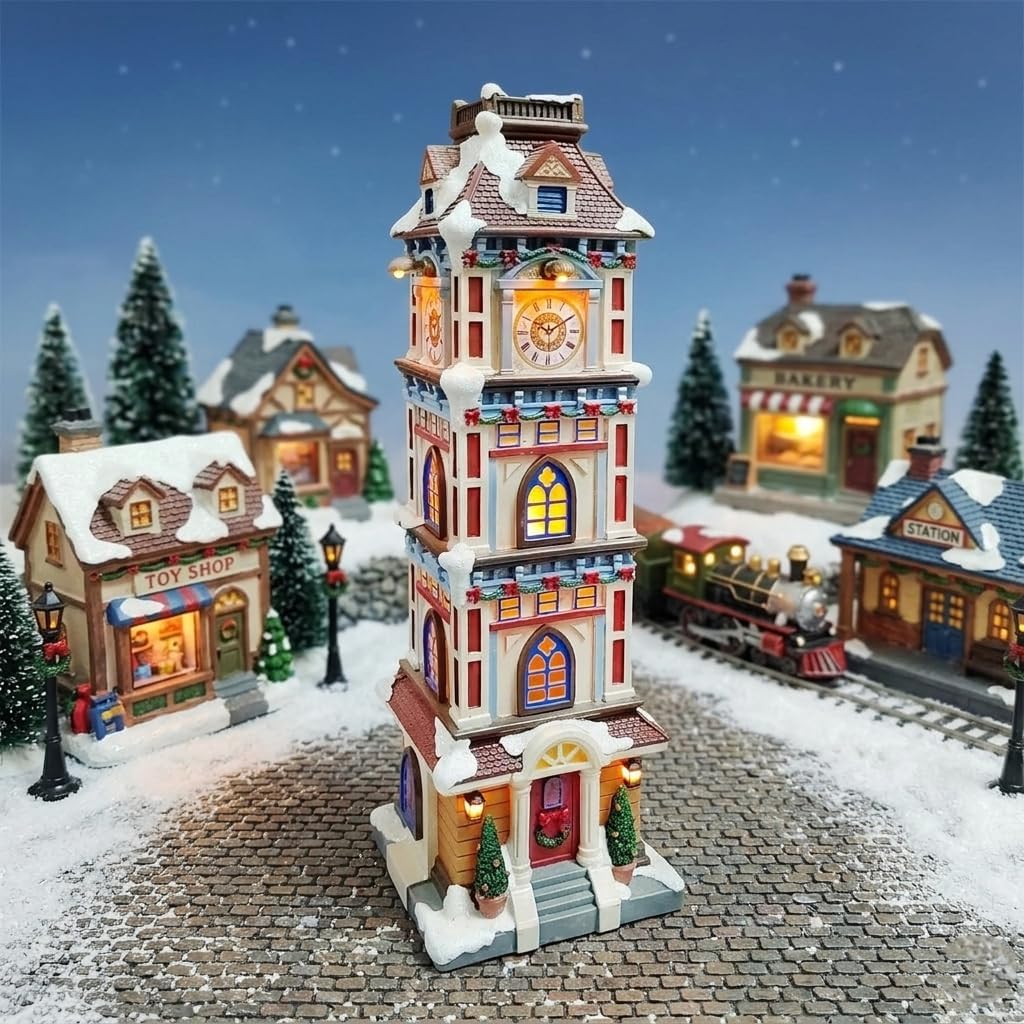 Moments In Time Lighted Christmas Clock Tower - 14.5” Hand-Painted Polyresin Village Décor | Elegant Holiday Gift