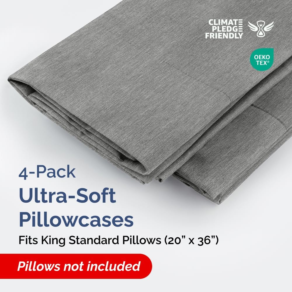 King Standard Pillow Cases Set of 4 - Soft Hotel Quality Covers - Comfy & Machine Washable - Heathered Grey