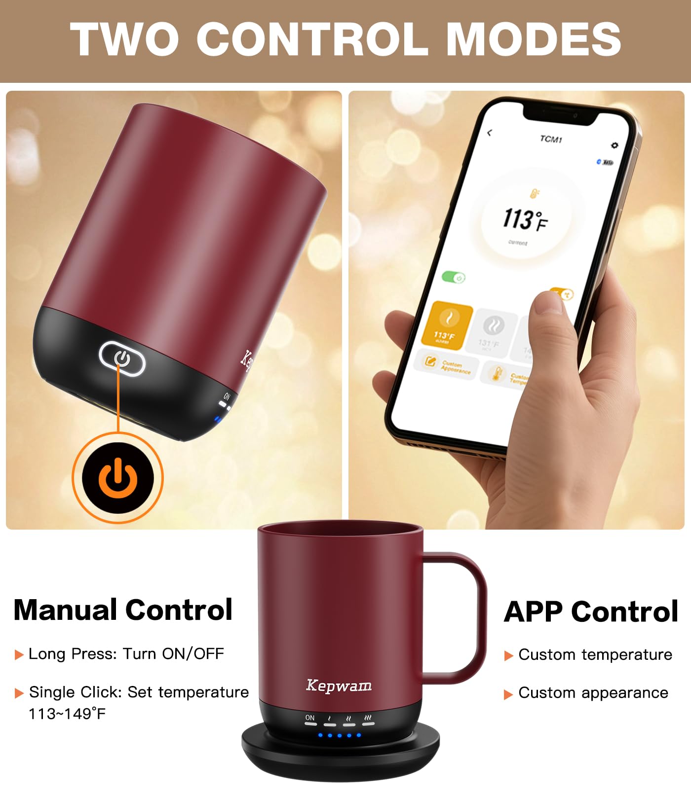 Kepwam Self Heating Coffee Mug T1-16oz Fast Heating & Ultra Long-Lasting Battery Life, Heated Coffee Mug Up to 149℉ - Touch & App Controlled Coffee Mug, Birthday Gifts for Women and Men