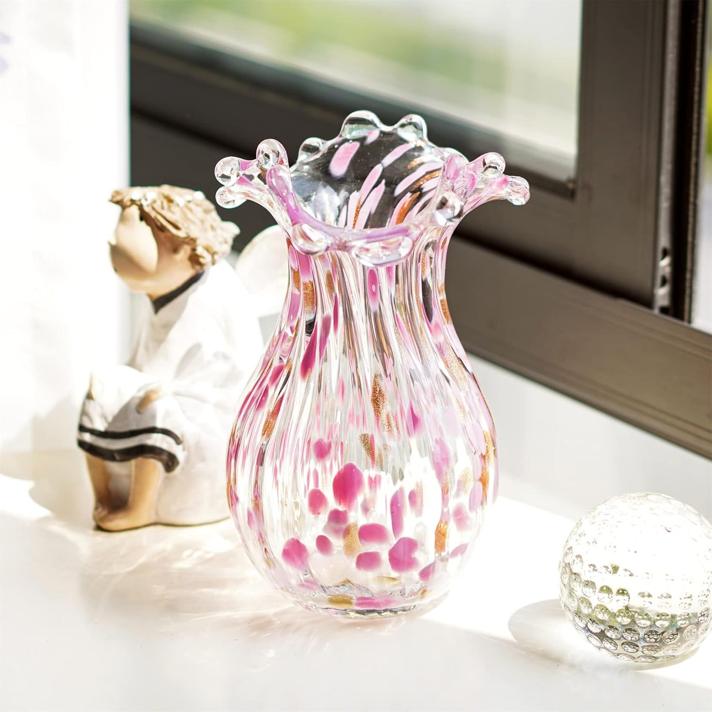QFkris Handblown Glass Vase - Modern Pink Petal Design | 8.5 Inch Tall Home Decor Centerpiece