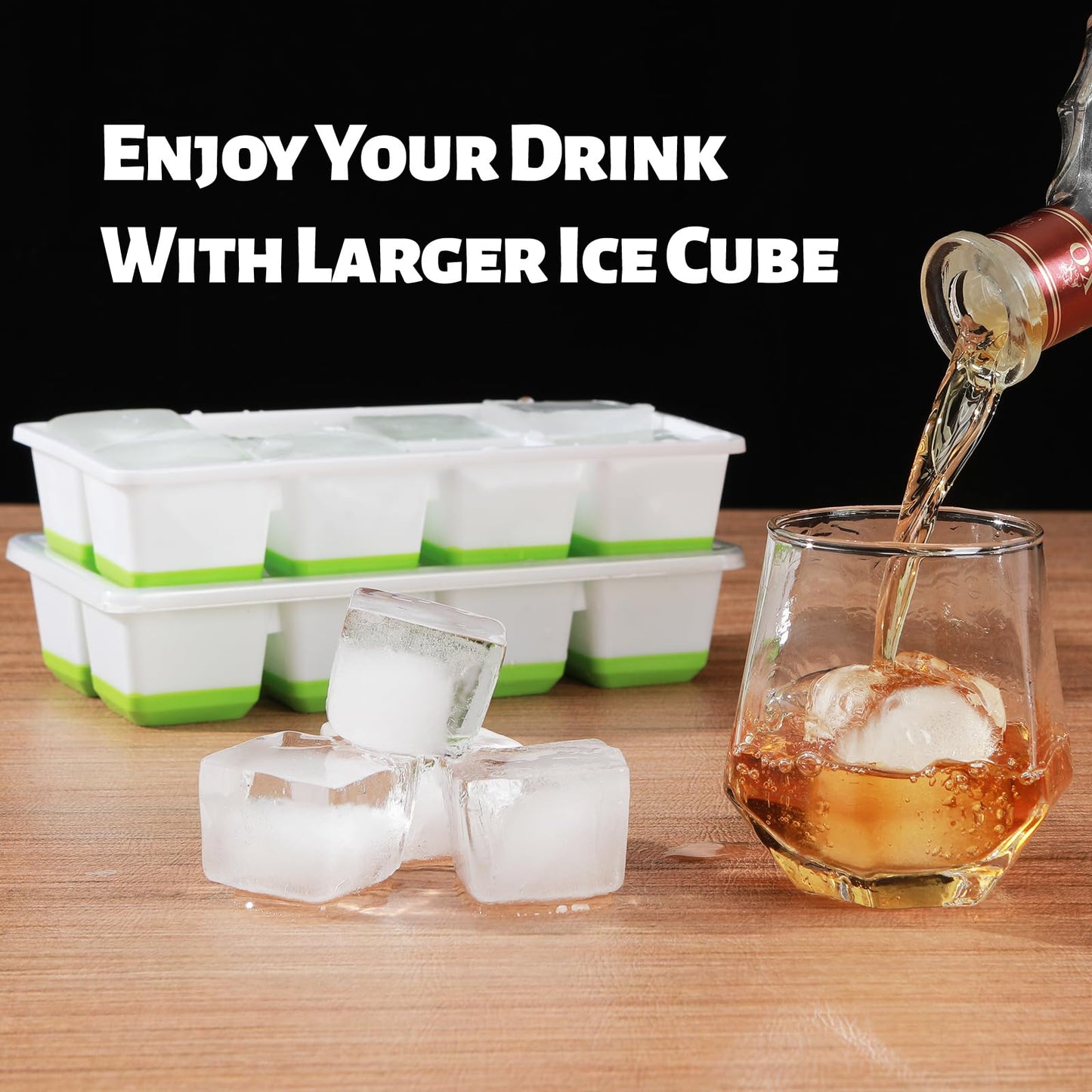 Large Ice Cube Tray with Lid and Bin, Jrisbo Silicone Big Square Ice Cube Molds for Freezer, 3 Pack Stackable Huge Cubed Ice Trays with Ice Tong, Ice Scoop for Whiskey Cocktails Soups Frozen Treats