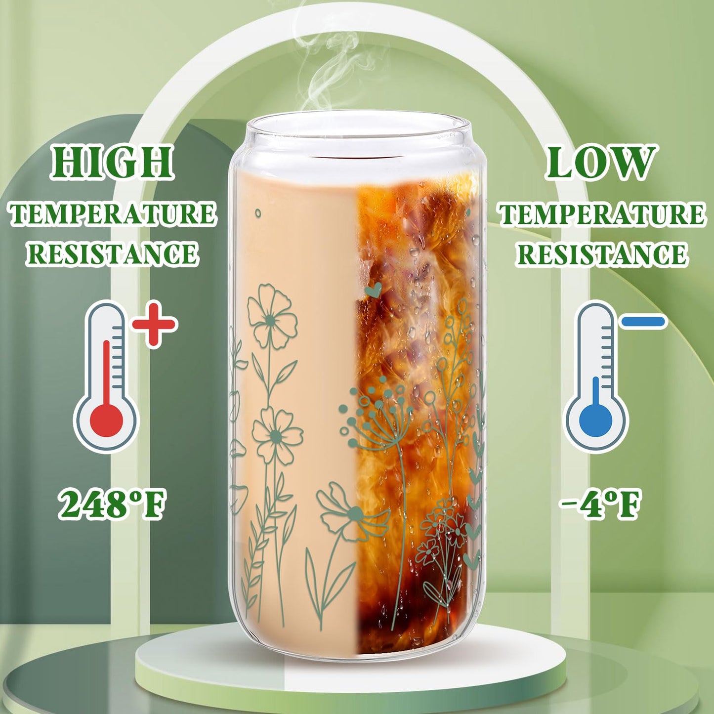 NatNarr 2 Pcs Glass Cups with Lids and Straws, Gifts for Women 16oz Sage Green Floral Glass Coffee Cups, Cute Aesthetic Glass Cup for Mothers Day Gifts Girls New Mom Birthday Baby Shower Party Gift