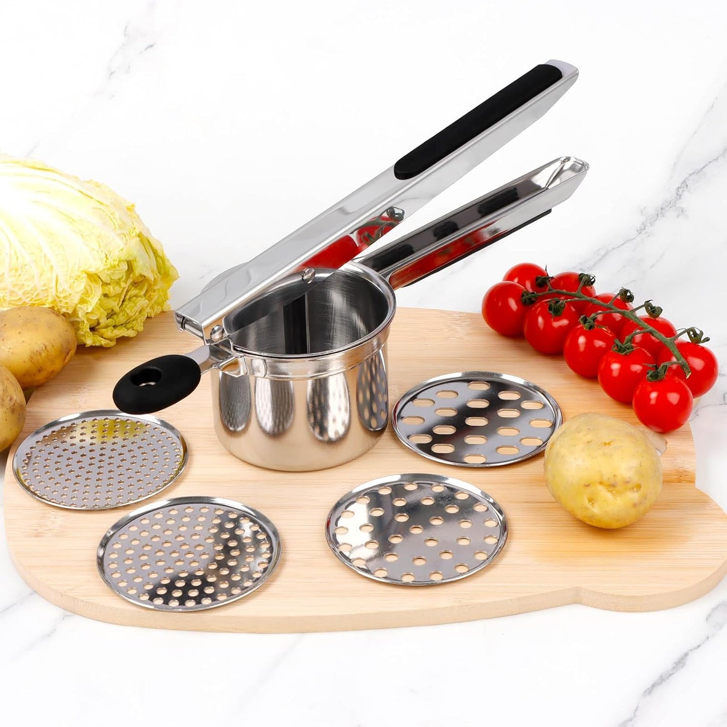 KAYCROWN Potato Ricer - Heavy Duty Stainless Steel Masher With 4 Discs for Perfect Mashed Potatoes
